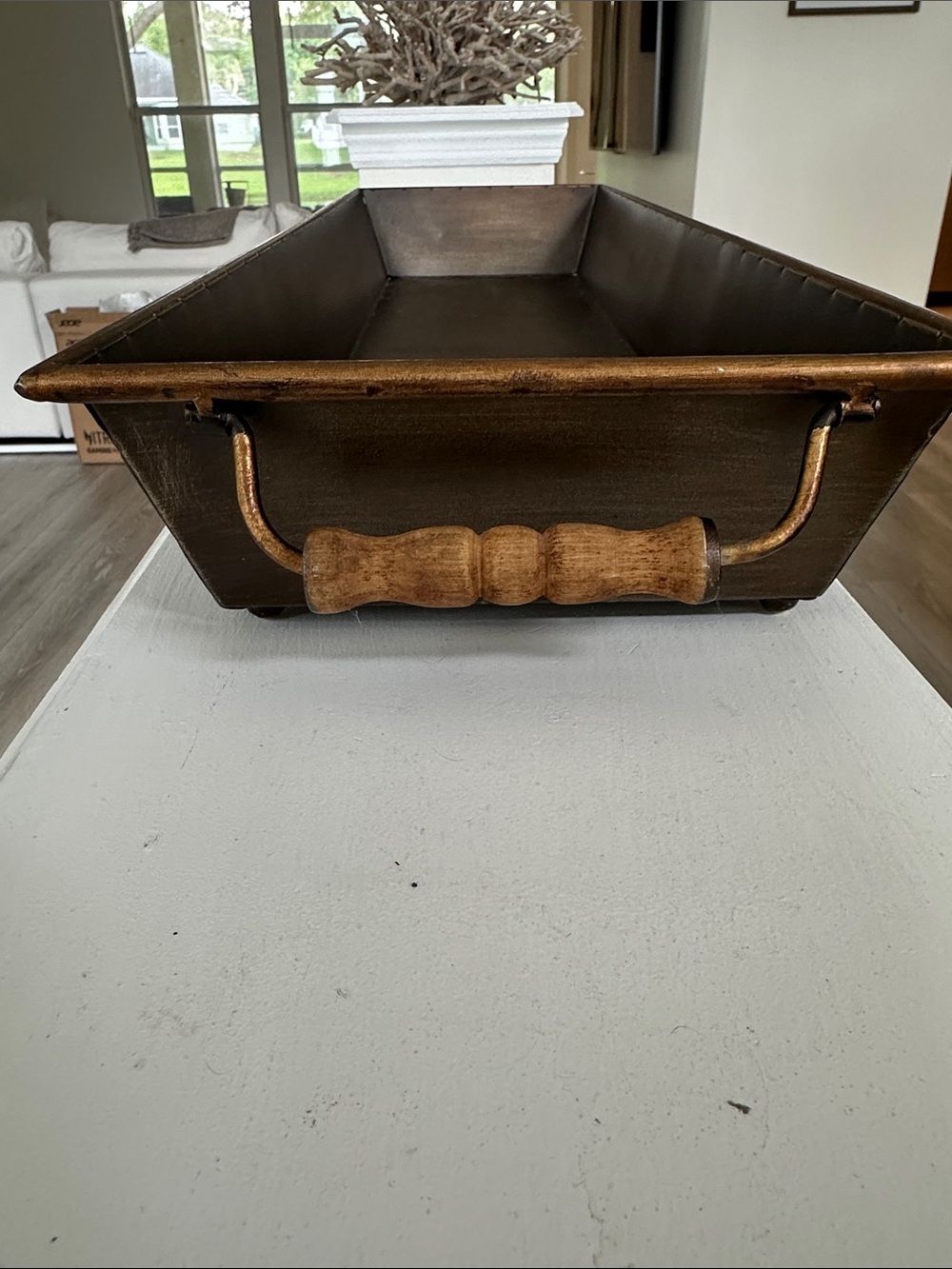 27.5 bronze metal tray with wooden handles